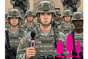 Soldados con uniforme militar estadounidense frente a una base, uno de ellos sostiene un juguete para adultos en medio de graficos de siluetas de bienestar sexual en tonos rosa.