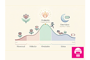 Gráfico minimalista en tonos pastel que muestra una curva de deseo sexual a lo largo de un ciclo de 28 días, con iconos educativos que representan las fases menstrual, folicular, ovulación y lútea.
