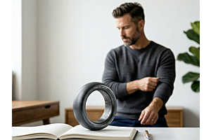 Hombre con estilo profesional y atlético en un entorno de oficina minimalista, con un anillo de diseño ergonómico y moderno en primer plano sobre un escritorio.