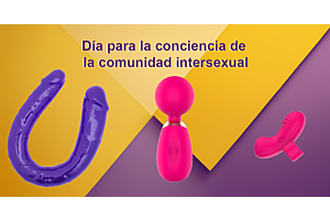 Banner EROTIKA con tonos violeta y dorado, con juguetes sexuales y texto Día para la conciencia de la comunidad intersexual.