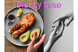 Dieta funcional y salud sexual: salmón, aguacate y espinacas junto a una imagen artística de manos entrelazadas.