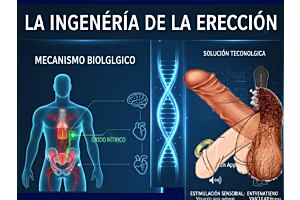 Infografía técnica sobre el mecanismo neurovascular y dispositivos de soporte eréctil de Erotika.