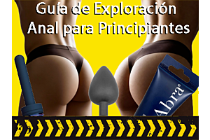 Guía de Exploración Anal para Principiantes con kit de productos que incluye ducha anal, plug negro con detalle de joya y lubricante Abra sobre fondo amarillo con siluetas humanas.
