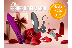 Banner promocional Febrero del Amor de Erotika Love Store con juguetes para pareja, caja de regalo, rosa roja y sello de hasta 42% de descuento.
