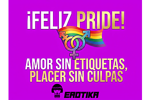 Gráfico sobre fondo morado brillante con el texto en letras doradas y blancas "¡FELIZ PRIDE! AMOR SIN ETIQUETAS, PLACER SIN CULPAS". Al centro, destaca un símbolo de la diversidad sexual entrelazado con la bandera del orgullo LGBTQ+ ondeando.