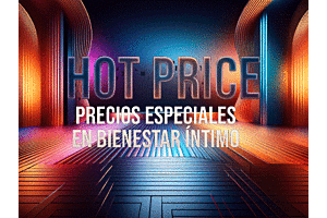 Banner promocional de Hot Price en bienestar íntimo con fondo abstracto de luces de neón y escenario moderno de alta gama.