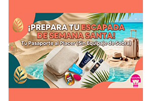 Maleta de viaje color champagne en una playa paradisíaca con palmeras y mar turquesa al fondo, representando la preparación para vacaciones de Semana Santa.