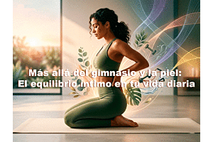 Una mujer en un estudio luminoso arrodillada sobre un tapete de yoga, reflejando equilibrio íntimo y bienestar integral. A su alrededor emergen gráficos sutiles de líneas abstractas fluidas, hojas botánicas verdes y elementos de entrenamiento que simboliz