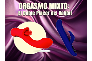 Vibradores de doble estimulación Lalala y Rabbitgasmic sobre fondo de seda púrpura con el texto Orgasmo Mixto: El Doble Placer del Rabbit.