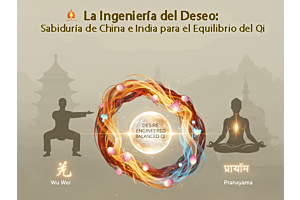 Una imagen conceptual que combina elementos de China e India para representar la ingeniería del deseo. En el centro, un orbe brillante simboliza el equilibrio del Qi, rodeado por un flujo de energía circular en tonos naranja y azul. A los lados, se observ