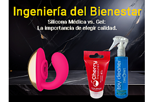Comparativa de materiales: Estimulador de silicona médica Divine 2, lubricante Cherry Treasure y limpiador Toy Cleaner iWow sobre fondo de mármol negro.