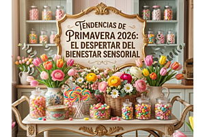 Imagen de portada que muestra el interior de una boutique con estética "Candy Store" y decoración de primavera. En el centro, un cartel clásico y elegante presenta el texto: "TENDENCIAS DE PRIMAVERA 2026: EL DESPERTAR DEL BIENESTAR SENSORIAL". La escena i