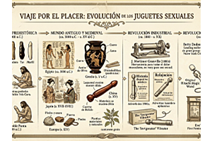 Una ilustración estilo lámina educativa antigua que muestra la línea del tiempo de la evolución de los juguetes sexuales. Incluye representaciones de falos de piedra de la prehistoria (30,000 a.C.), dildos de cuero de la antigua Grecia, piezas de cuerno d