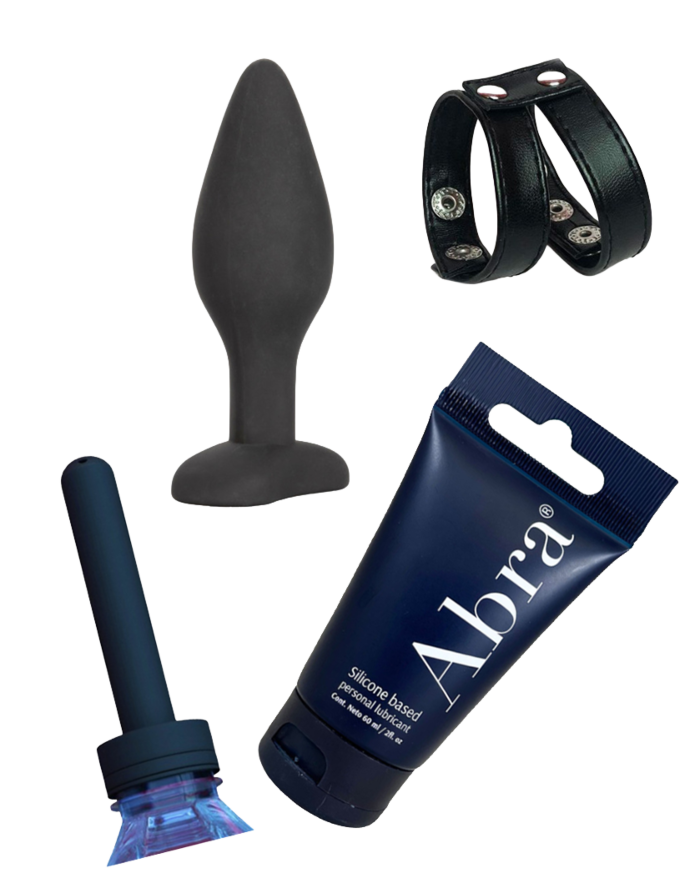 Kit de Placer Anal y Pareja: Plug Diamond, Anillo Double Cock, Lubricante Abra y Ducha Splash