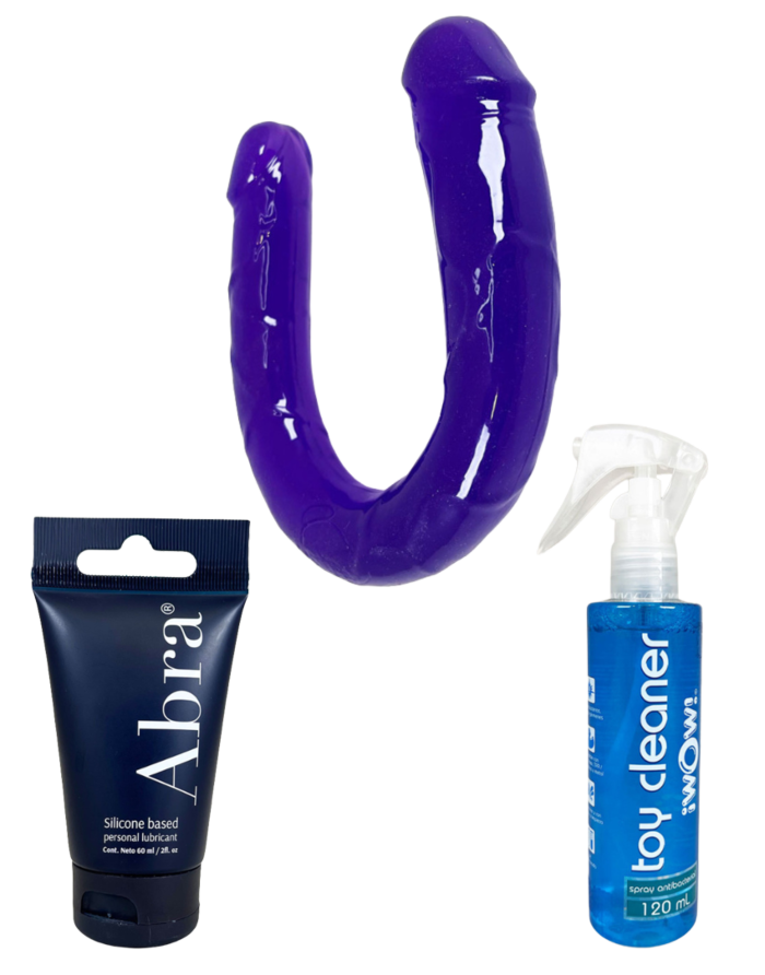 Kit Double Pleasure: Dildo Doble + Lubricante Abra + Limpiador