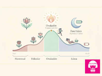 Gráfico minimalista en tonos pastel que muestra una curva de deseo sexual a lo largo de un ciclo de 28 días, con iconos educativos que representan las fases menstrual, folicular, ovulación y lútea.