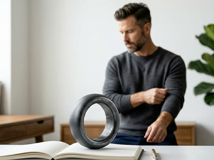 Hombre con estilo profesional y atlético en un entorno de oficina minimalista, con un anillo de diseño ergonómico y moderno en primer plano sobre un escritorio.