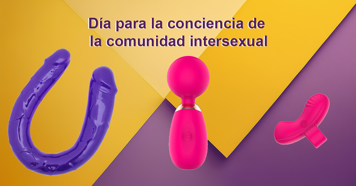 Banner EROTIKA con tonos violeta y dorado, con juguetes sexuales y texto Día para la conciencia de la comunidad intersexual.
