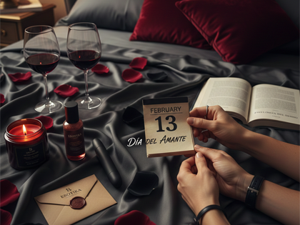 Pareja celebrando el 13 de febrero Día del Amante en una cama con sábanas de seda, vino tinto, velas y productos de EROTIKA.