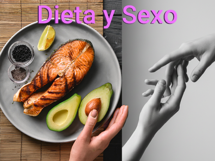 Dieta funcional y salud sexual: salmón, aguacate y espinacas junto a una imagen artística de manos entrelazadas.