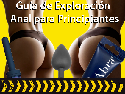 Guía de Exploración Anal para Principiantes con kit de productos que incluye ducha anal, plug negro con detalle de joya y lubricante Abra sobre fondo amarillo con siluetas humanas.