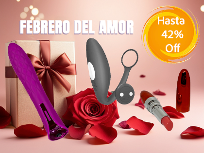 Banner promocional Febrero del Amor de Erotika Love Store con juguetes para pareja, caja de regalo, rosa roja y sello de hasta 42% de descuento.