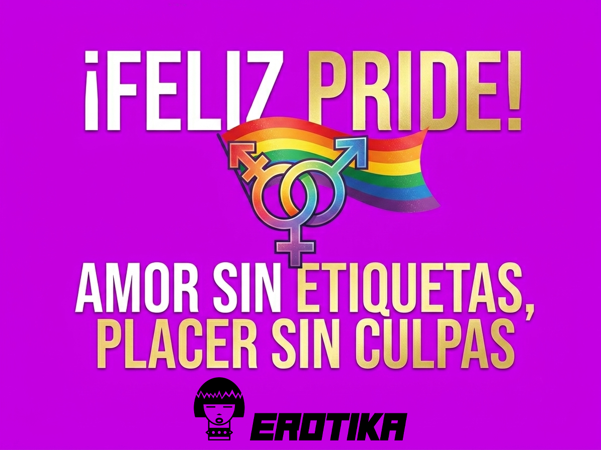Gráfico sobre fondo morado brillante con el texto en letras doradas y blancas "¡FELIZ PRIDE! AMOR SIN ETIQUETAS, PLACER SIN CULPAS". Al centro, destaca un símbolo de la diversidad sexual entrelazado con la bandera del orgullo LGBTQ+ ondeando.