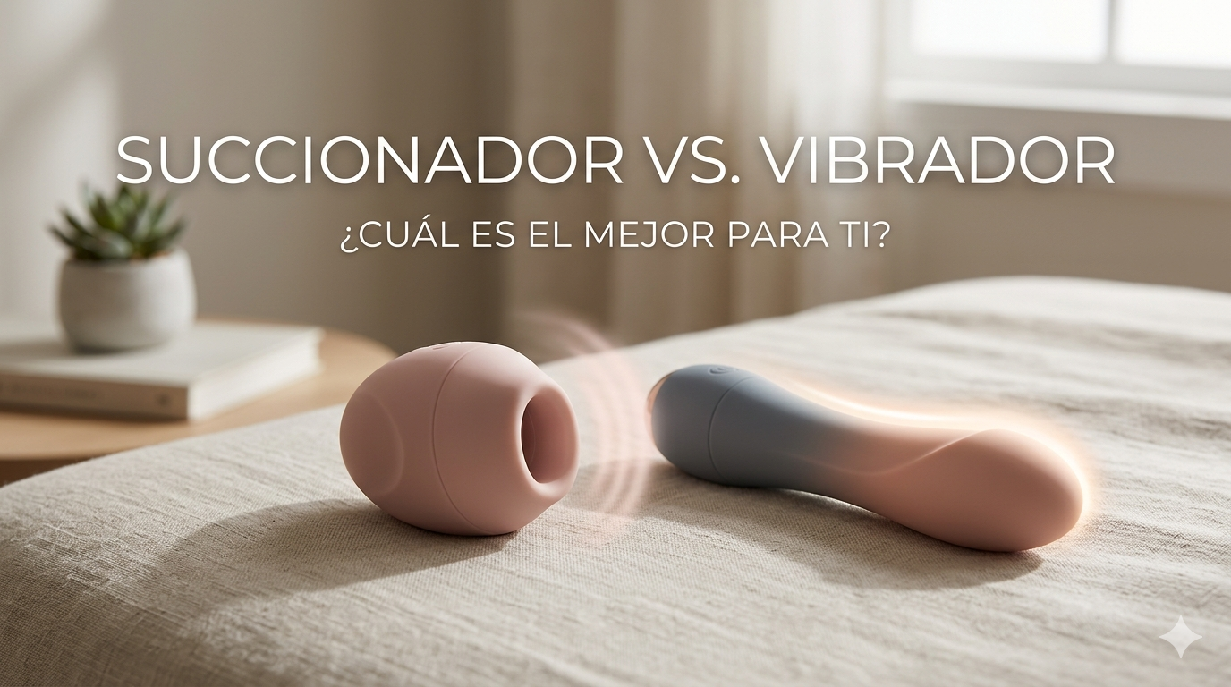 Comparativa técnica entre un succionador de ondas de presión y un vibrador ergonómico sobre una superficie textil neutra, estilo bienestar y salud.