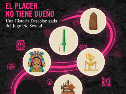 Infografía estilo museo sobre fondo de piedra oscura que muestra la evolución global del juguete sexual: incluye un dildo de piedra prehistórico, una deidad mesoamericana, un dildo de jade oriental, una escultura de la India, un vibrador antiguo de madera
