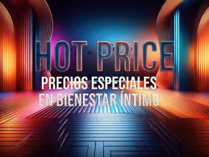 Banner promocional de Hot Price en bienestar íntimo con fondo abstracto de luces de neón y escenario moderno de alta gama.