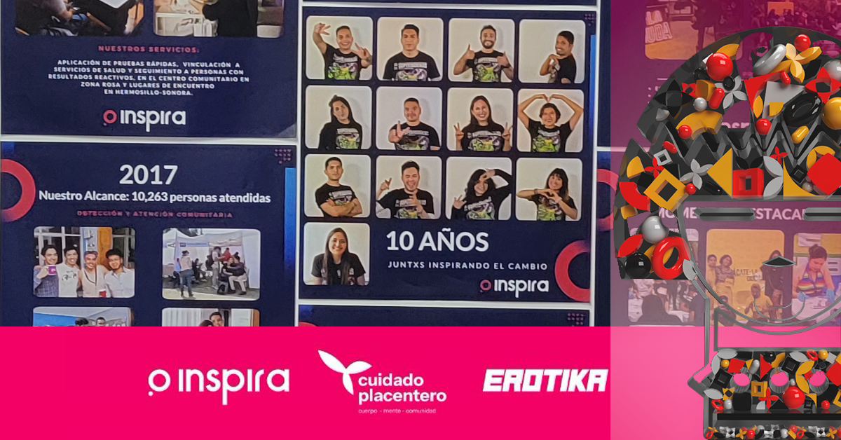 Collage de espacios de Inspira en CDMX: vestíbulo, consultorios y materiales de salud sexual.