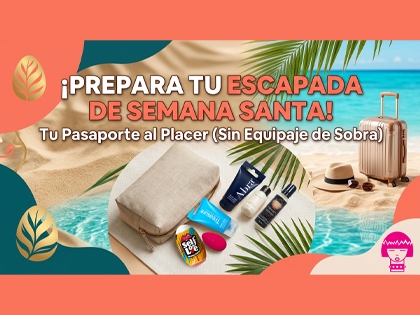 Maleta de viaje color champagne en una playa paradisíaca con palmeras y mar turquesa al fondo, representando la preparación para vacaciones de Semana Santa.