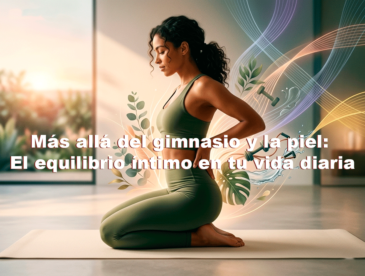 Una mujer en un estudio luminoso arrodillada sobre un tapete de yoga, reflejando equilibrio íntimo y bienestar integral. A su alrededor emergen gráficos sutiles de líneas abstractas fluidas, hojas botánicas verdes y elementos de entrenamiento que simboliz