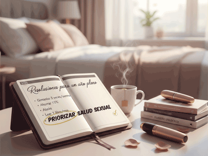 Una agenda abierta sobre una mesa con luz natural, mostrando una lista de propósitos de año nuevo donde destaca el texto "Priorizar Salud Sexual" junto a accesorios de bienestar íntimo en tonos oro rosa.