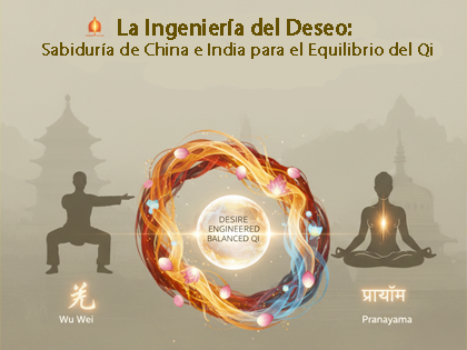 Una imagen conceptual que combina elementos de China e India para representar la ingeniería del deseo. En el centro, un orbe brillante simboliza el equilibrio del Qi, rodeado por un flujo de energía circular en tonos naranja y azul. A los lados, se observ