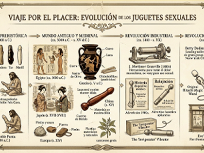 Una ilustración estilo lámina educativa antigua que muestra la línea del tiempo de la evolución de los juguetes sexuales. Incluye representaciones de falos de piedra de la prehistoria (30,000 a.C.), dildos de cuero de la antigua Grecia, piezas de cuerno d