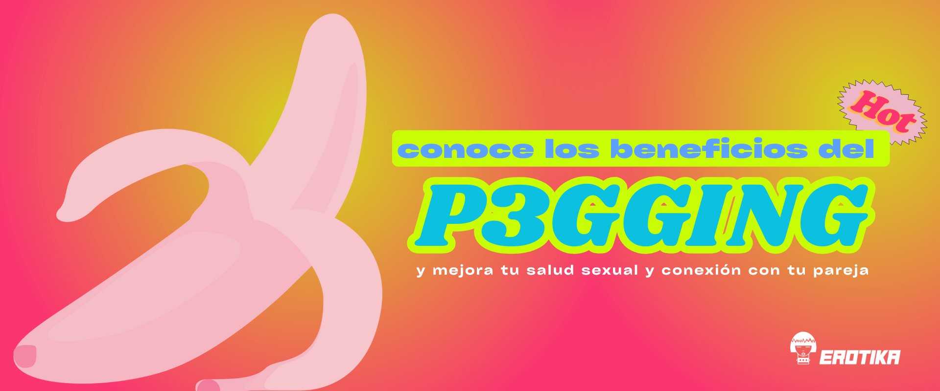 Fondo degradado rosa y amarillo con ilustración de plátano, promoviendo los beneficios del pegging para la salud y la conexión en pareja